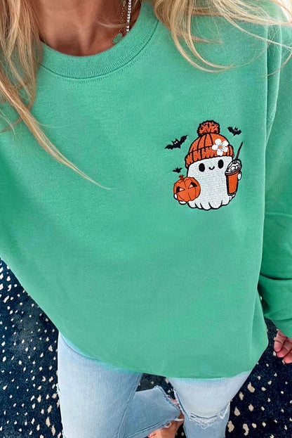 Halloween Cute Ghost Embroidered Sweatshirt - mint green full body view