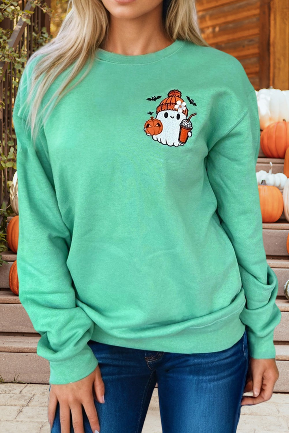 Halloween Cute Ghost Embroidered Sweatshirt - ghost embroidery closeup detail