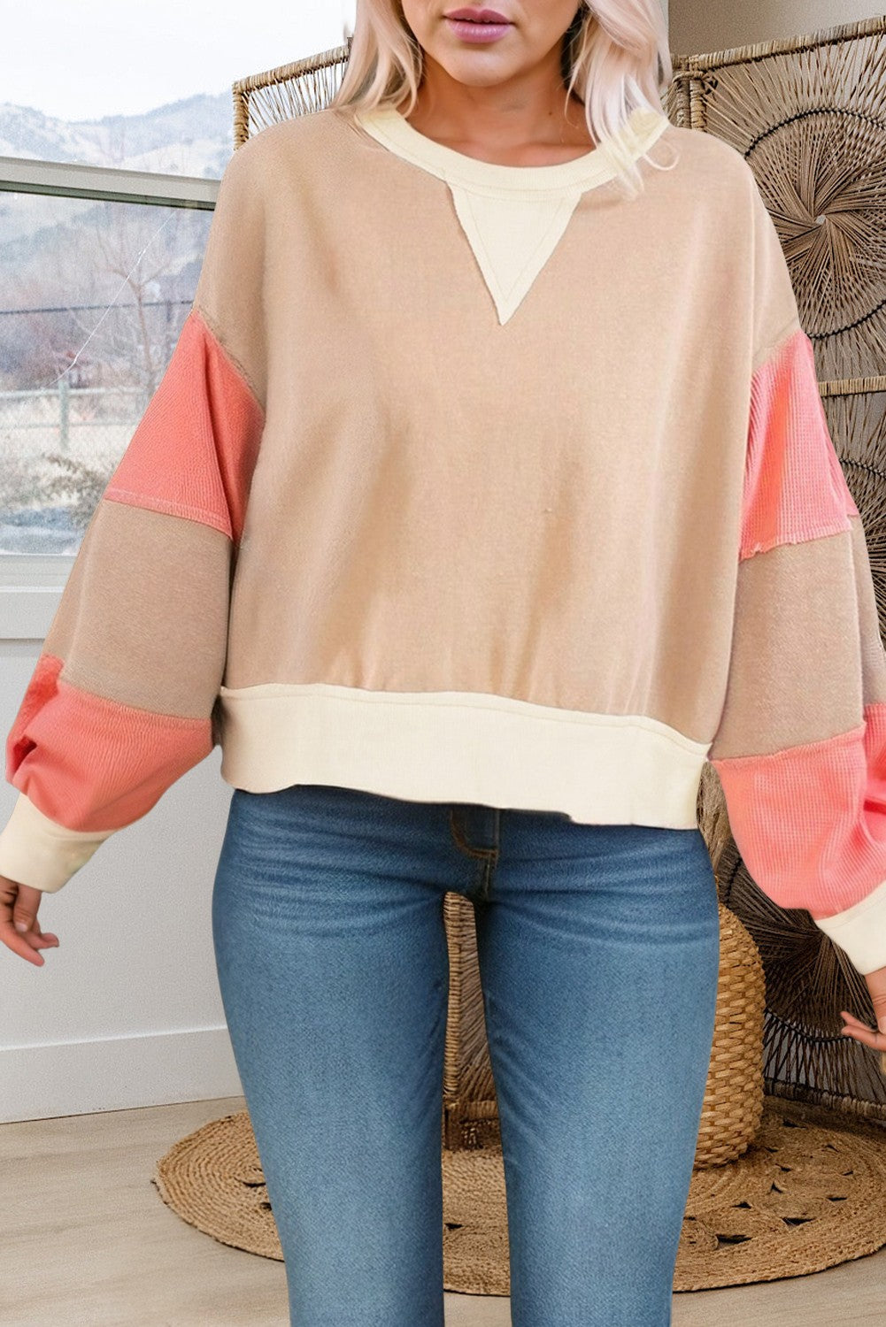 Waffle Textured Patchwork Pullover Sweatshirt