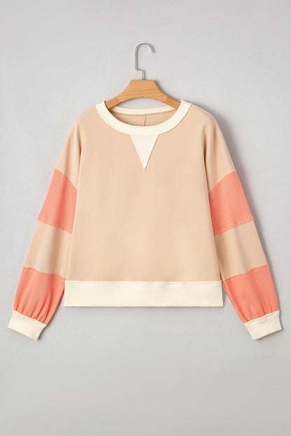 Waffle Textured Patchwork Pullover Sweatshirt