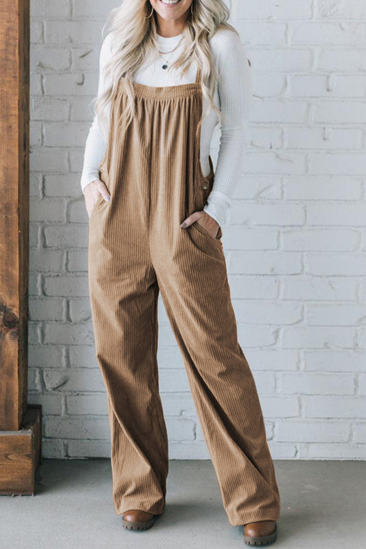 Gray Morn Plain Pocketed Loose Fit Corduroy Overalls