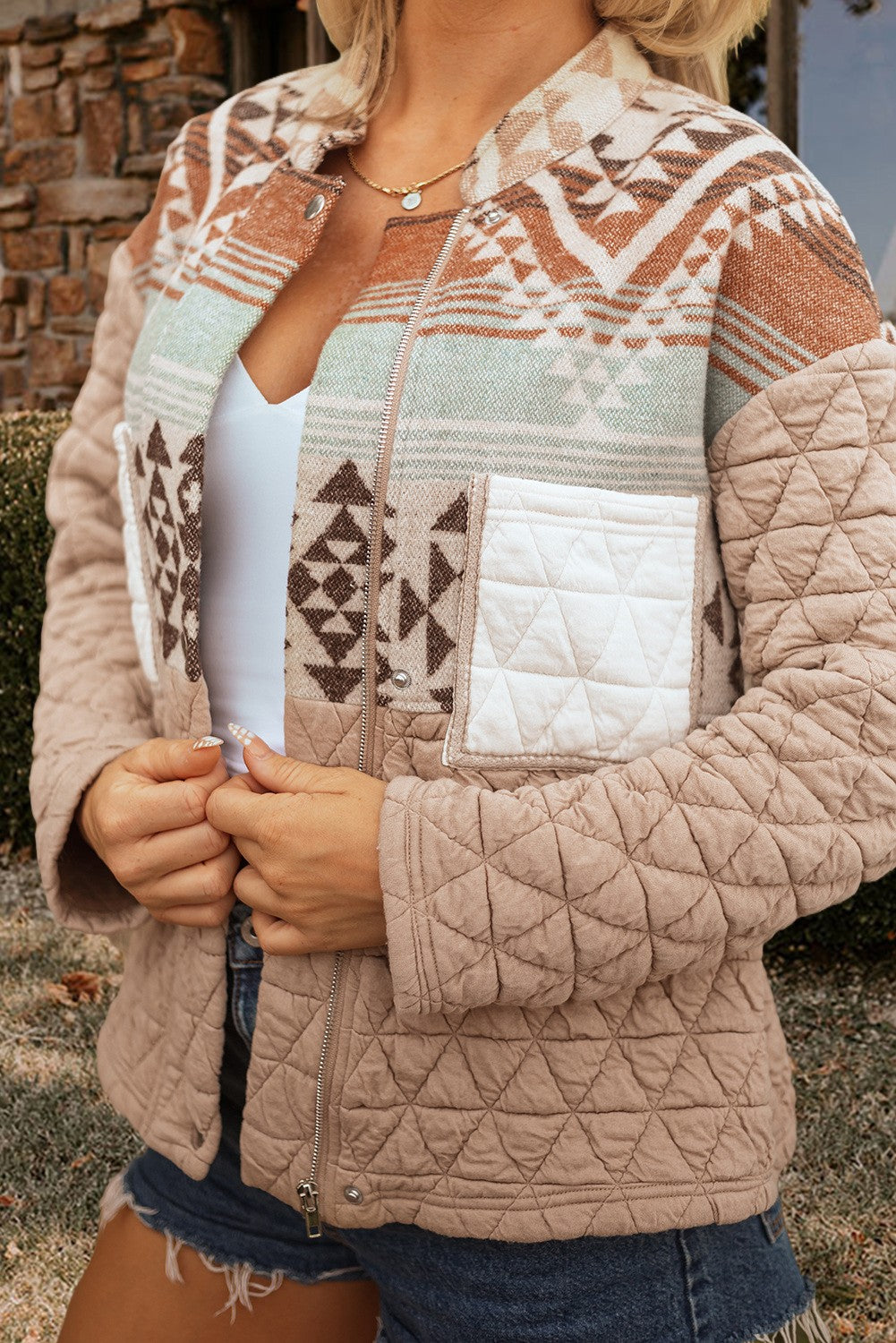 Geometric Quilted Patchwork Vintage Jacket - model front view detail showing pockets