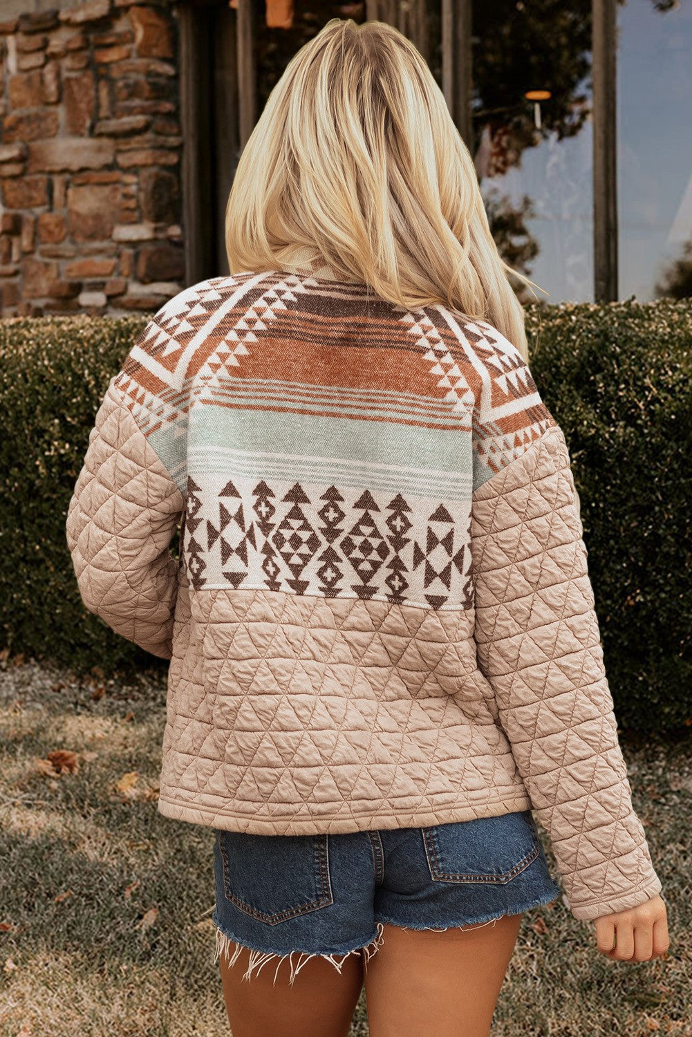 Geometric Quilted Patchwork Vintage Jacket - model back view showing Aztec yoke