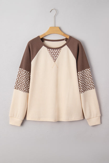 Floral Print Patchwork Color Block Long Sleeve Top