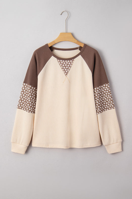 Floral Print Patchwork Color Block Long Sleeve Top