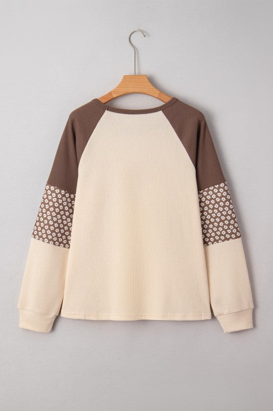 Floral Print Patchwork Color Block Long Sleeve Top