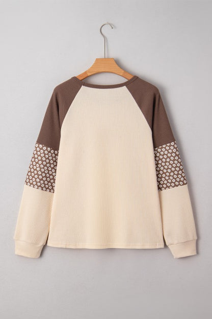 Floral Print Patchwork Color Block Long Sleeve Top