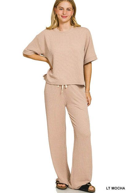 ZENANA- Raised Rib Short Sleeve Tee & Pants Set