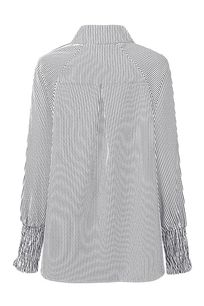 Black Striped Casual Shirred Cuffs Shirt