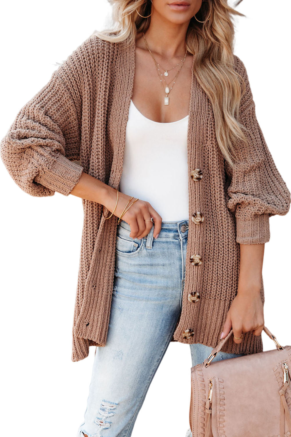 Khaki Solid Color Buttoned Down Casual Knitted Cardigan