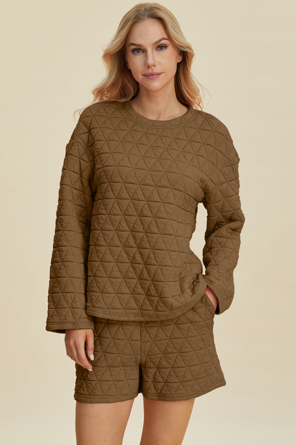 Double Take Full Size Texture Round Neck Long Sleeve Top and Shorts Set