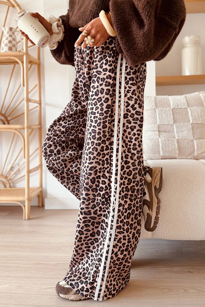 Leopard Side Stripe Wide Leg Pants - side view showing stripe detail