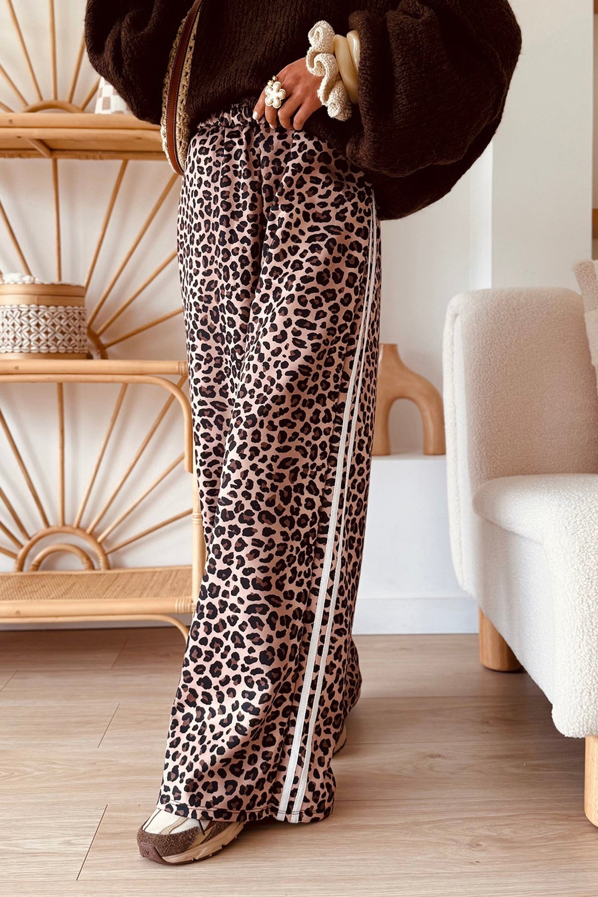 Leopard Side Stripe Wide Leg Pants - full length front view
