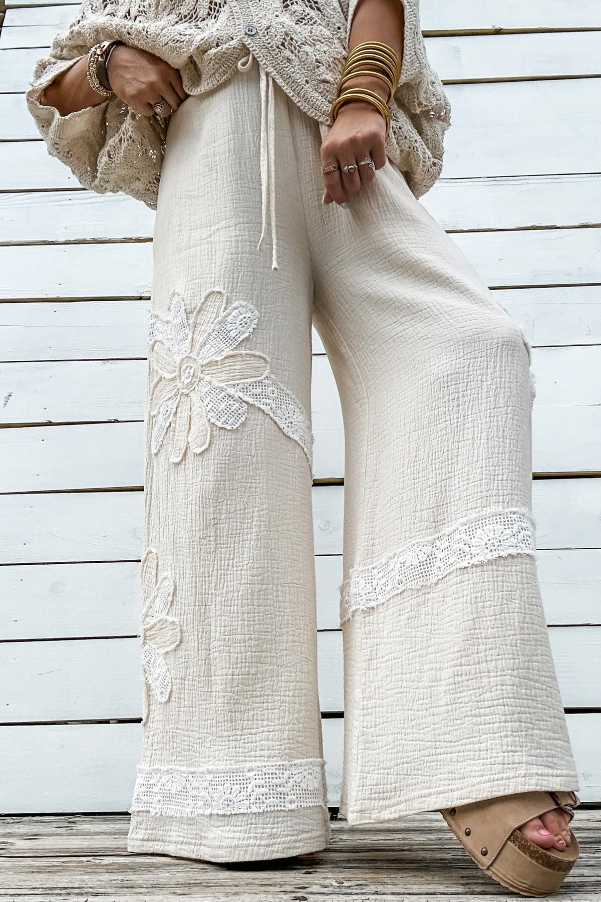 Wide Leg Floral Lace Patchwork Pants - cream with floral appliqué detail