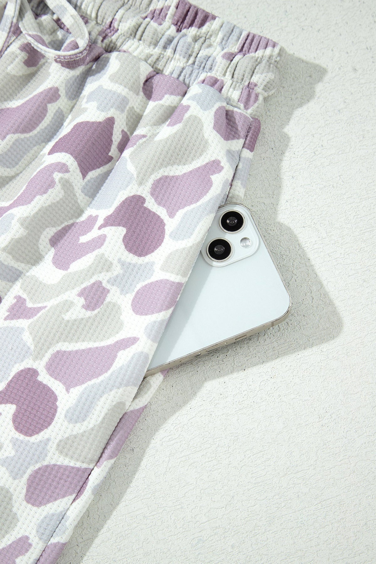 Camo Drawstring Wide Leg Pants - waistband and pocket detail in purple camo
