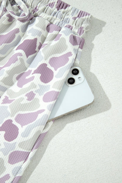 Camo Drawstring Wide Leg Pants - waistband and pocket detail in purple camo