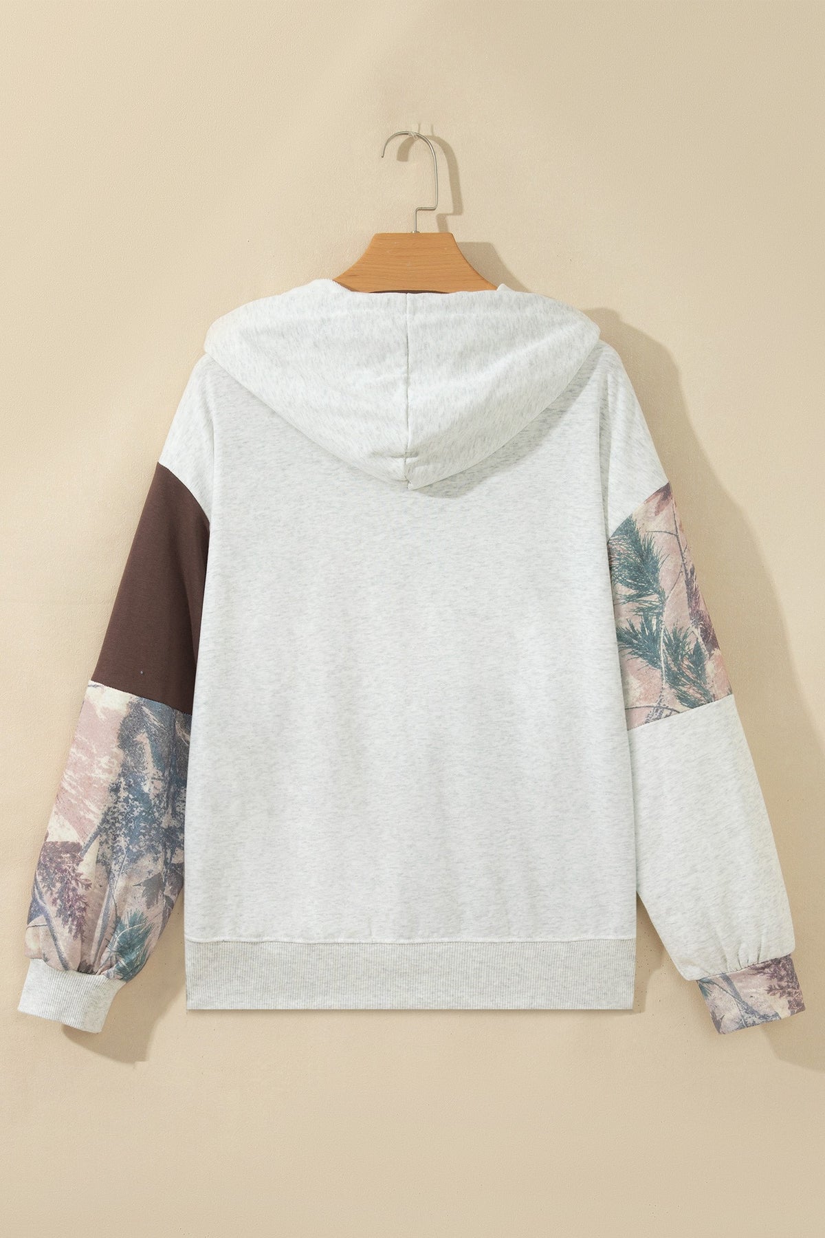 Camo Color Block Patchwork Hoodie - flat lay back view on hanger