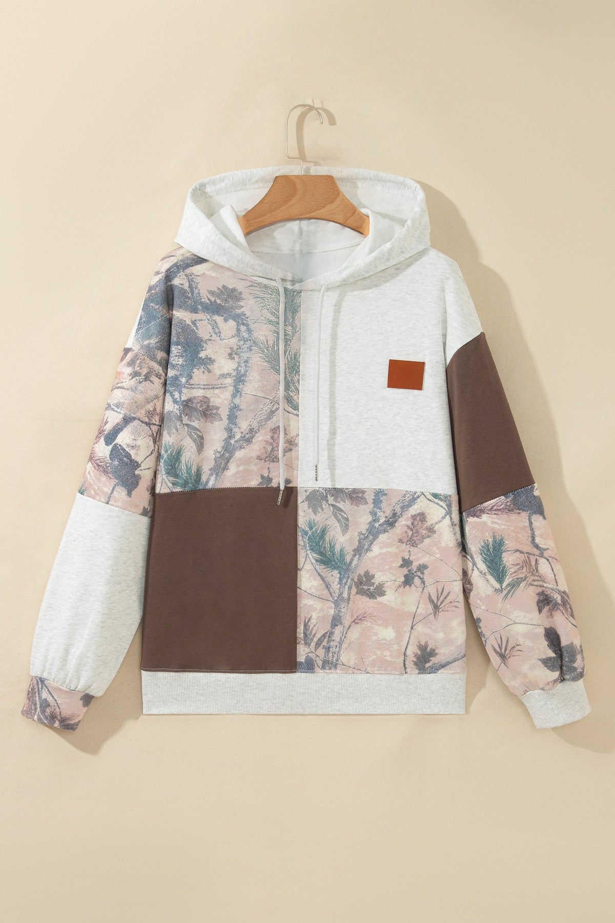 Camo Color Block Patchwork Hoodie - flat lay front view on hanger