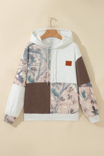 Camo Color Block Patchwork Hoodie - flat lay front view on hanger