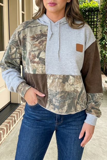 Camo Color Block Patchwork Hoodie - model wearing front view with jeans