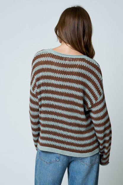 Stripe Raw Edge Split Neck Sheer Knit Sweater - back view