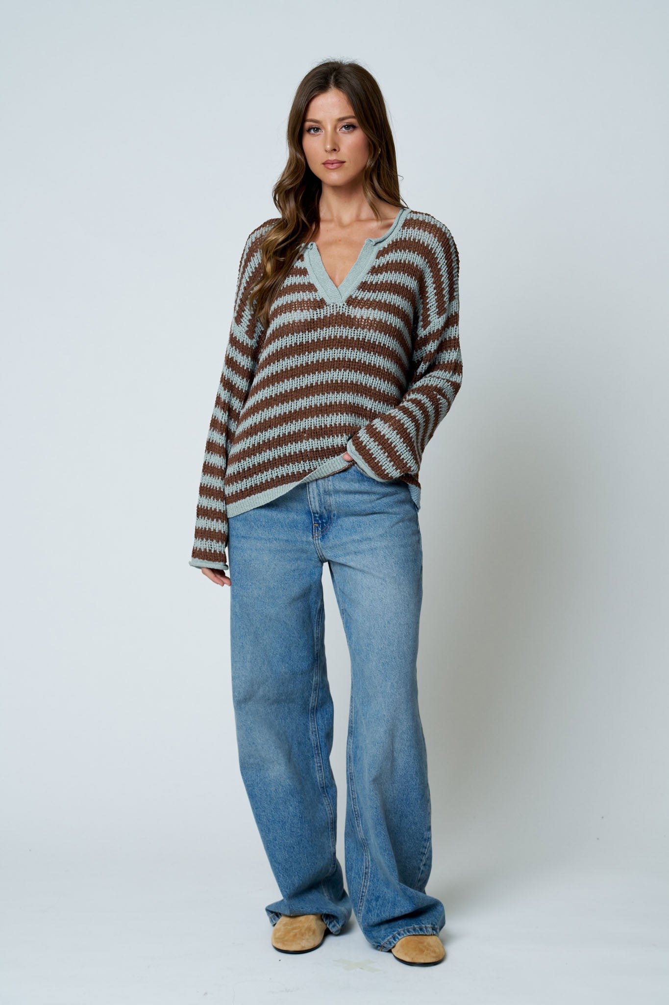 Stripe Raw Edge Split Neck Sheer Knit Sweater - full front