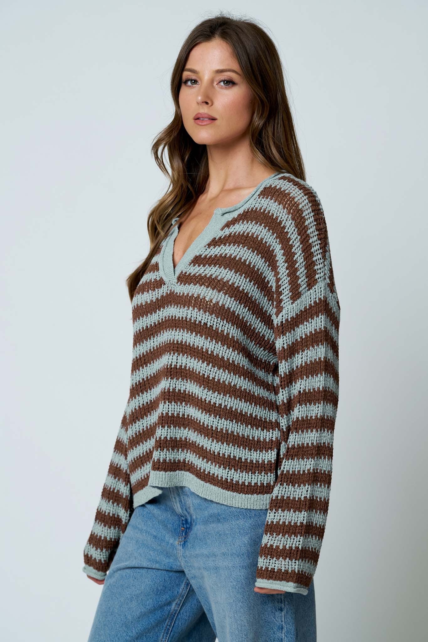 Stripe Raw Edge Split Neck Sheer Knit Sweater - side view