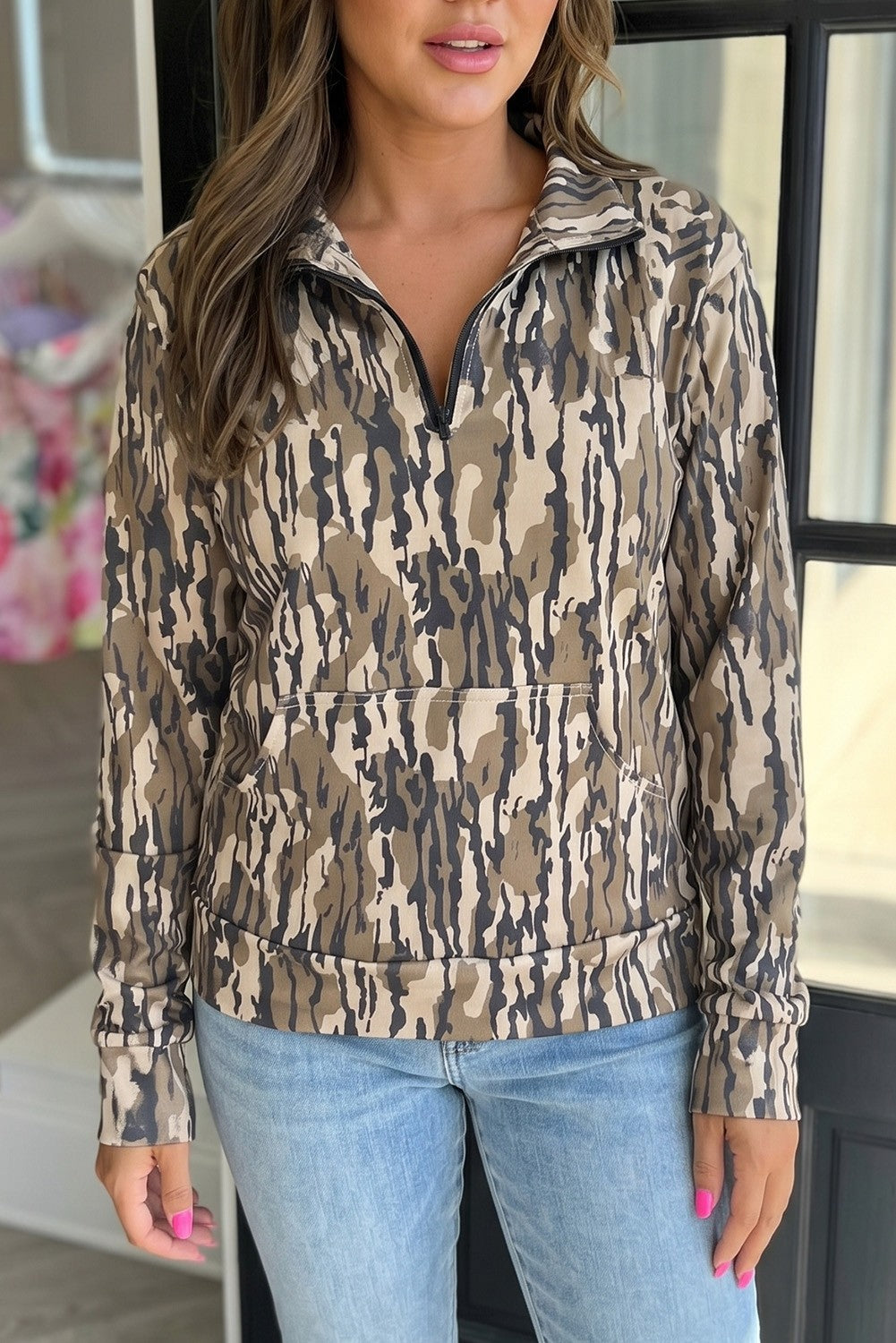 Camouflage Zipper Collar Pullover Sweatshirt - model front view