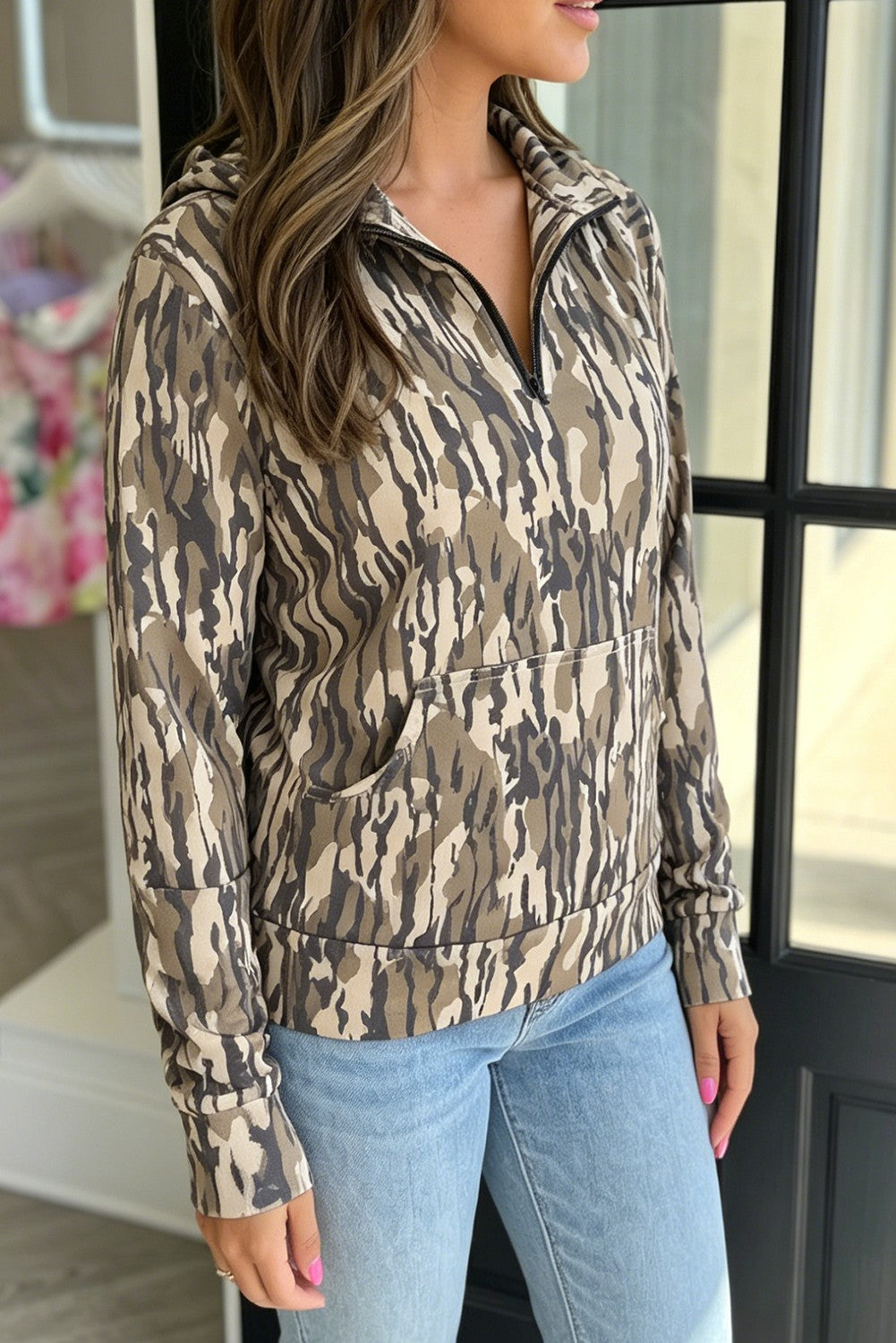 Camouflage Zipper Collar Pullover Sweatshirt - model side view
