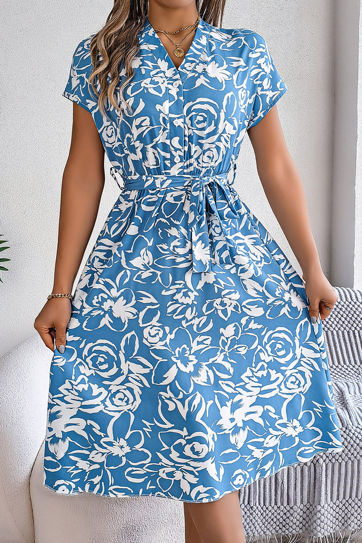 Sky Blue Floral Print V Neck Belted Midi Dress