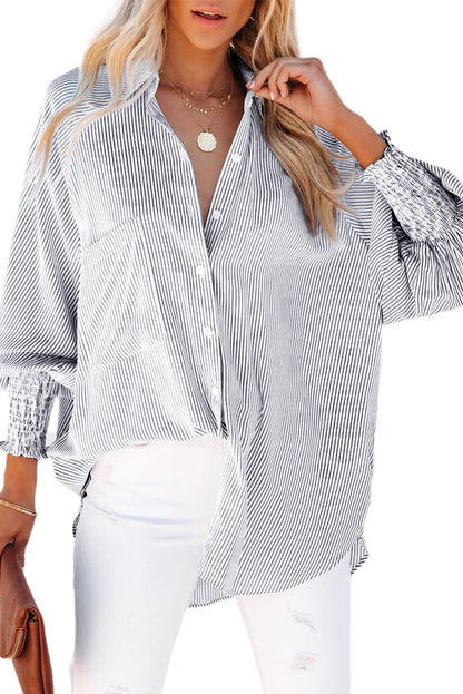 Black Striped Casual Shirred Cuffs Shirt