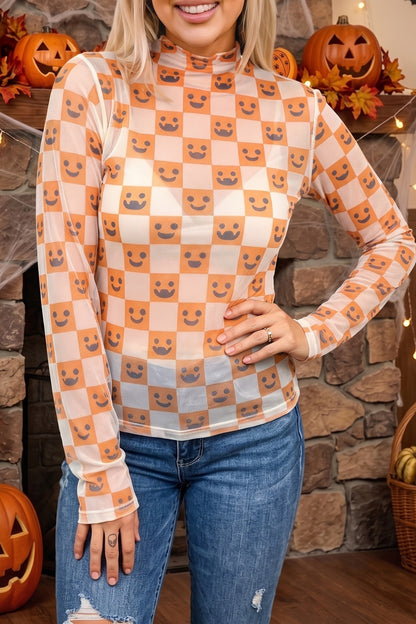 Halloween Pumpkin Checkered Stand Neck Blouse - model front view with Halloween decor