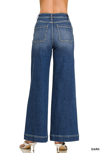 ZENANA- High Rise Wide Leg Pintuck Denim Pants