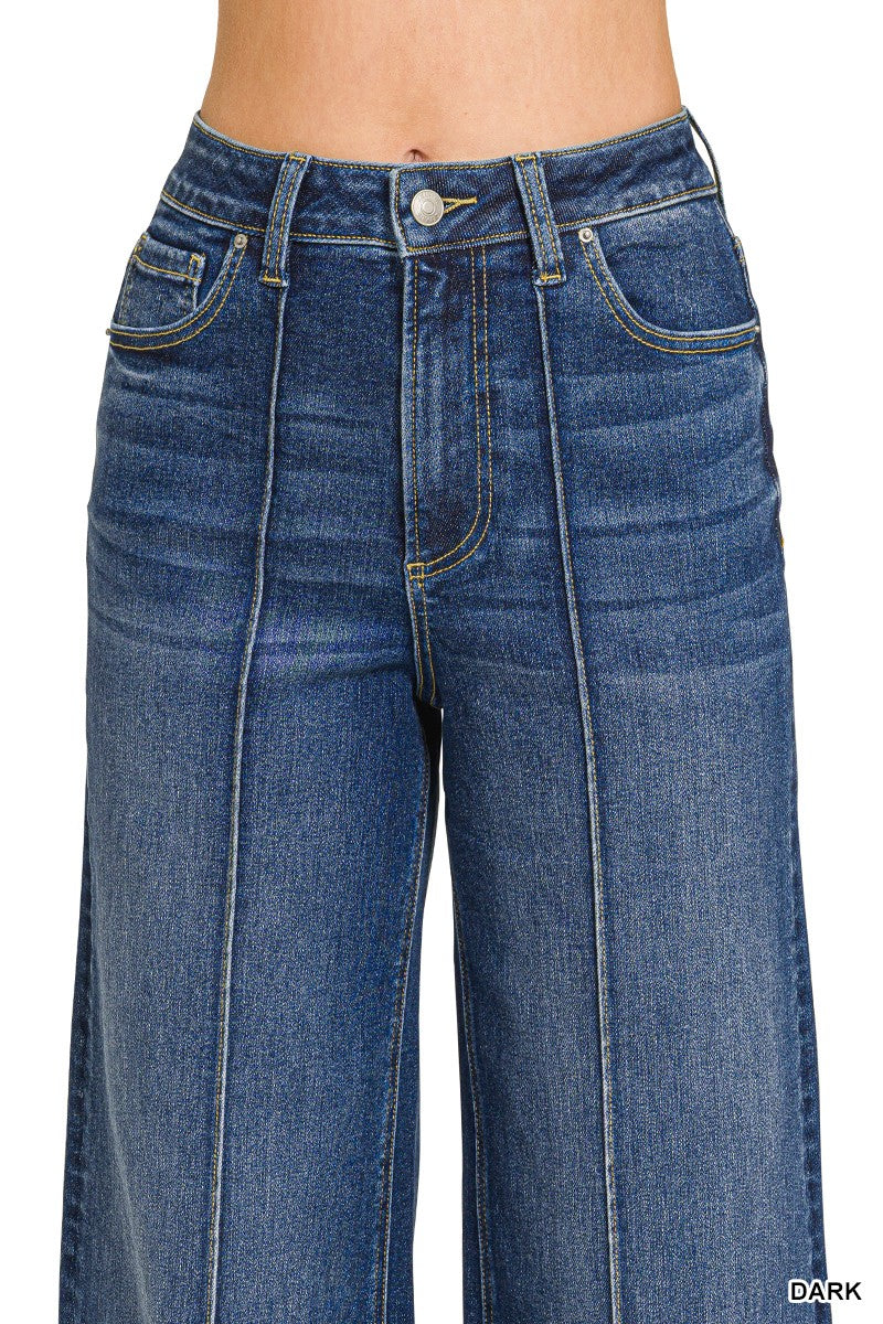 ZENANA- High Rise Wide Leg Pintuck Denim Pants