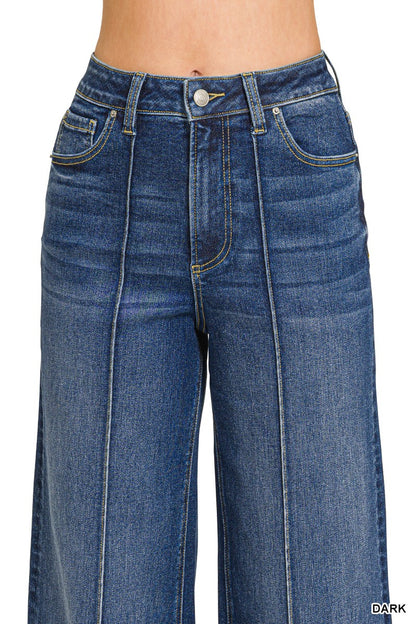 ZENANA- High Rise Wide Leg Pintuck Denim Pants