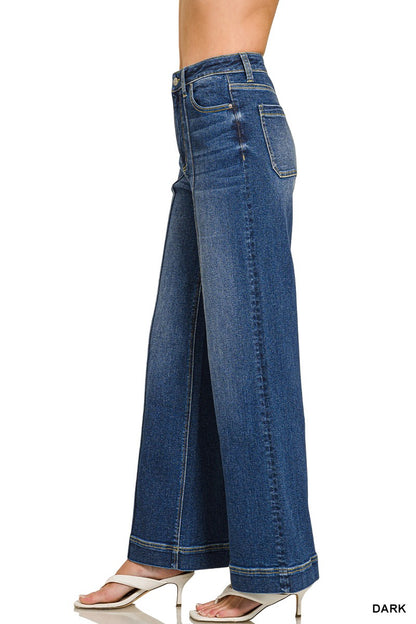 ZENANA- High Rise Wide Leg Pintuck Denim Pants