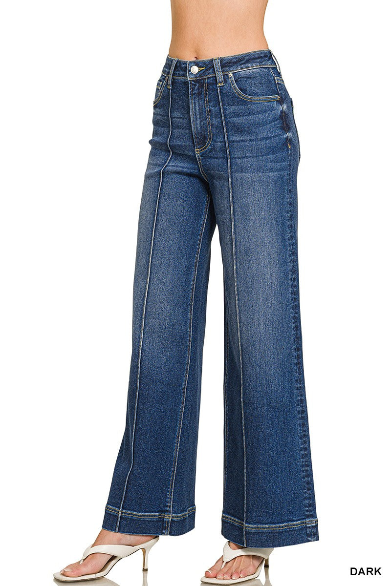 ZENANA- High Rise Wide Leg Pintuck Denim Pants
