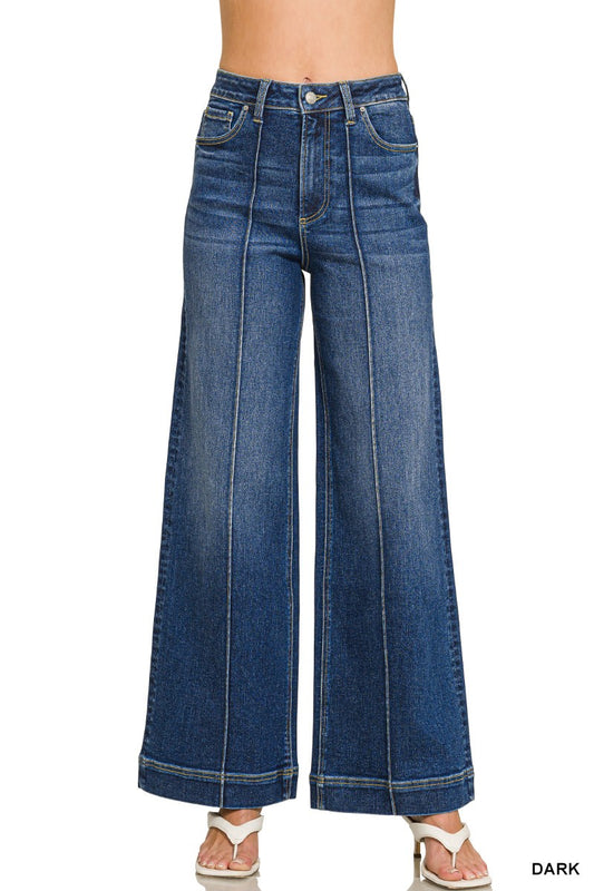 ZENANA- High Rise Wide Leg Pintuck Denim Pants