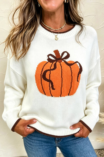 Fall Halloween Pumpkin Pattern Pullover Sweater - front view with pumpkin graphic