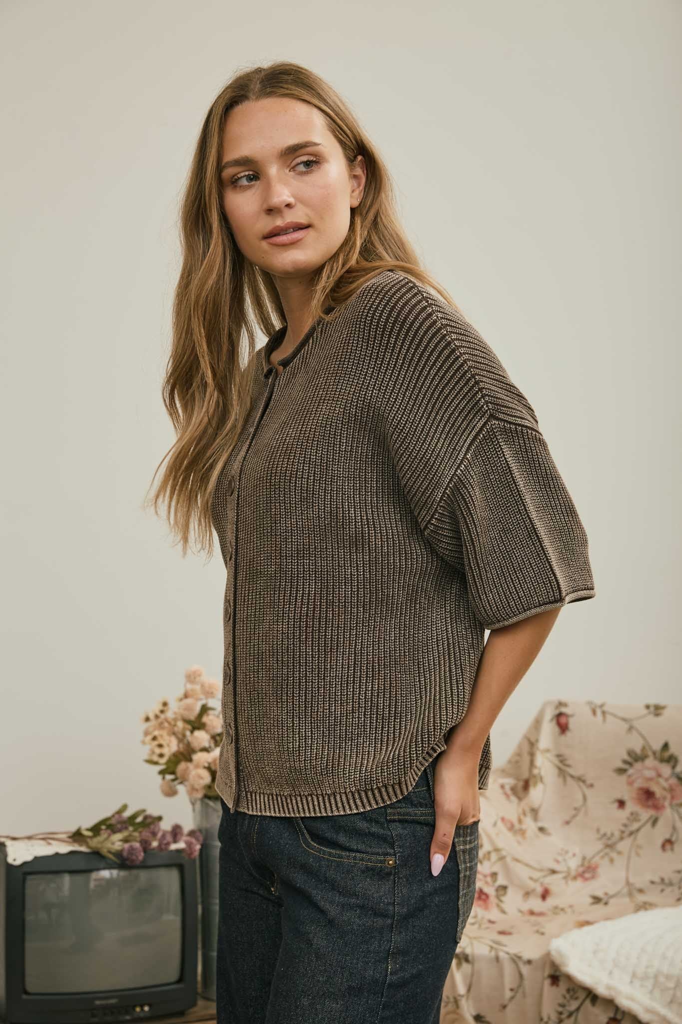 Washed Ribbed Short Sleeve Rolled Edge Cardigan - side view