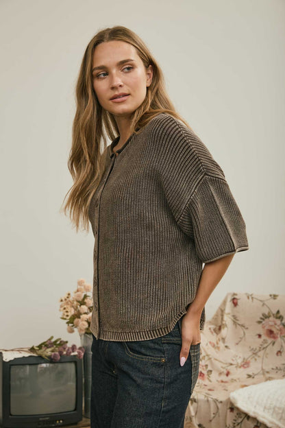 Washed Ribbed Short Sleeve Rolled Edge Cardigan - side view