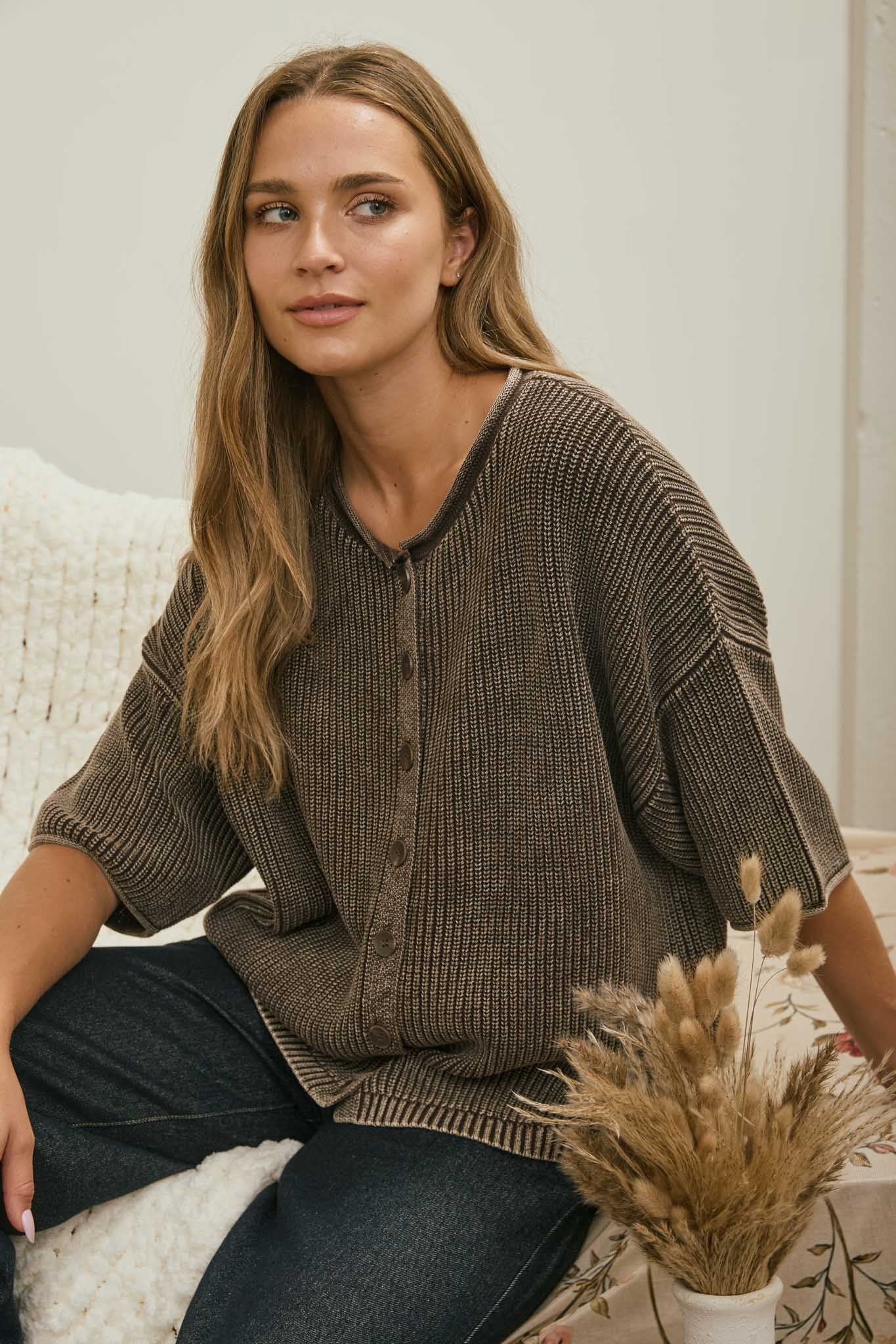 Washed Ribbed Short Sleeve Rolled Edge Cardigan - seated front