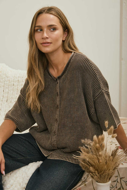 Washed Ribbed Short Sleeve Rolled Edge Cardigan - seated front