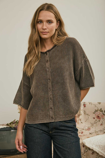 Washed Ribbed Short Sleeve Rolled Edge Cardigan - front close up