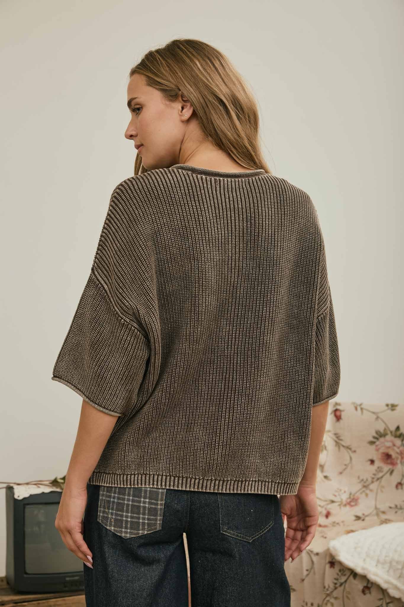Washed Ribbed Short Sleeve Rolled Edge Cardigan - back view