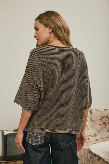 Washed Ribbed Short Sleeve Rolled Edge Cardigan - back view