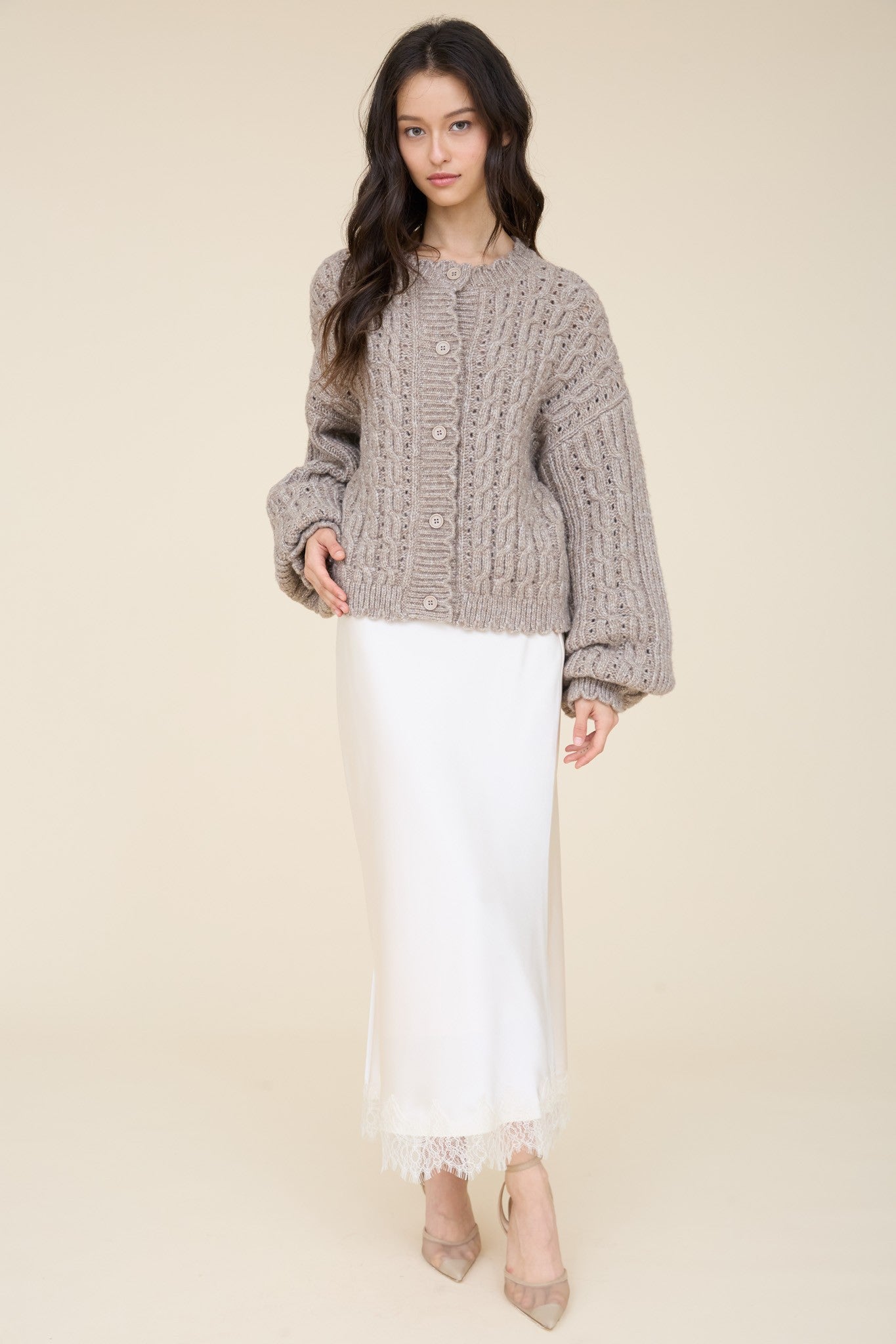 Eyelet Cable Knit Scalloped Trim Knit Cardigan