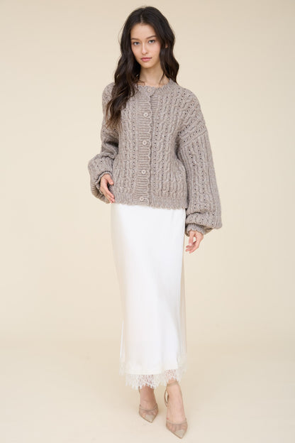 Eyelet Cable Knit Scalloped Trim Knit Cardigan