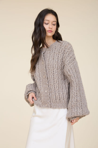 Eyelet Cable Knit Scalloped Trim Knit Cardigan