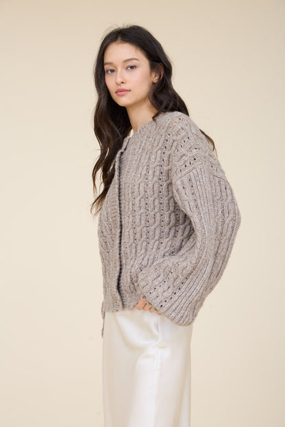 Eyelet Cable Knit Scalloped Trim Knit Cardigan